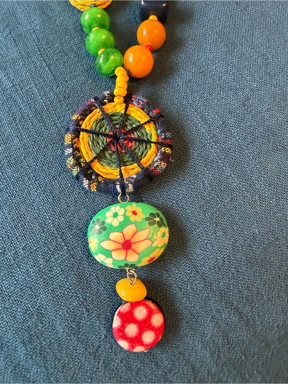 Colorful Boho Multi-Bead Pendant Necklace - Vibrant Green & Yellow Artisan made - Picture 2 of 9